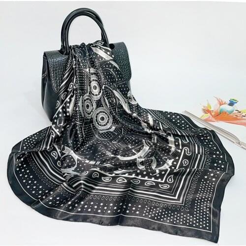 Black Printed Large Square Scarf Womens 2021 New Satin Scarf Simulation Silk Scarf Shawl 90*90CM