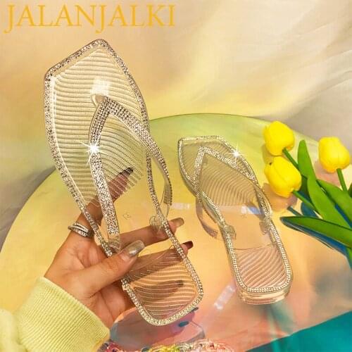 JALANJALKI Summer Women Slippers Shiny Chain Outdoor Women Flip-flops Flat Sole Diamond Crystal Jelly Shoes Femal Casual Slides