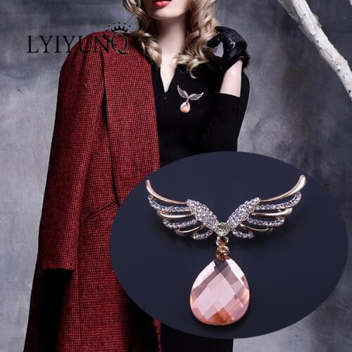 LYIYUNQ Feather Brooches Pin For Women Fashion Gold Color Big Water Drop Crystal Brooch Pins Costume Jewelry Clothes Accessories