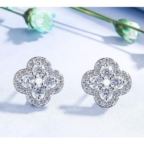 Fashion design lucky clover AAA zircon diamonds gemstones stud earrings for women girl white gold silver color cute jewelry new