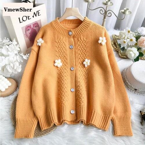 VmewSher New Sweet Cardigan Women Sweater Coat Autumn Casual Outerwear Floral Single Breasted Long Sleeve O Neck Knitted Tops