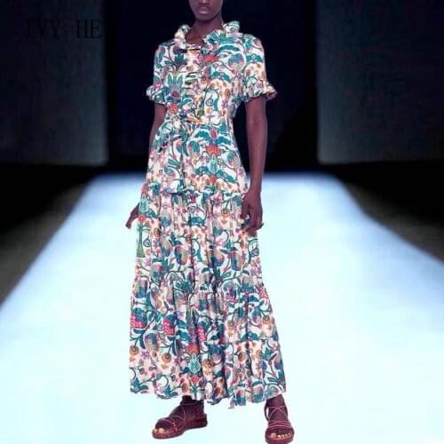 IVY HE Summer Womens Dress 2021 In Europe And America Fashionable Lace Up Printing With Auricularia Long Dress With Belt