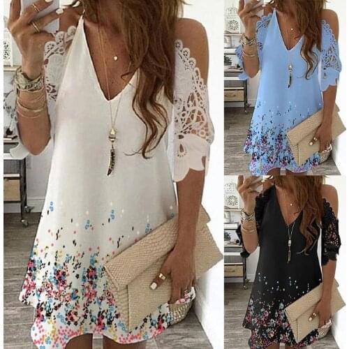 Women Off Shoulder Dress Summer Sexy V Neck Floral Print Midi Dresses Robe Vintage Hollow Out Lace A-Line Party Dress Vestidos