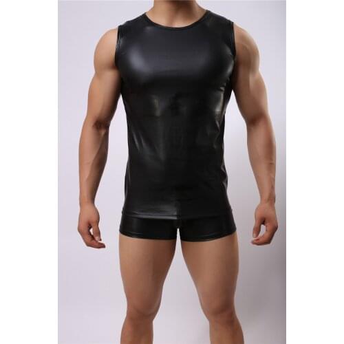 HOT Men Sexy Leather Vest Mens Sexy Vest Faux Leather Solid Color Black Male Tank Tops Underwear Slim Gay Wear High Quality