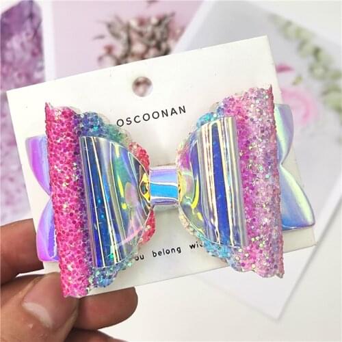 1PCS Lovely Rainbow Leather PVC Glitter Bow Elastic Hair Bands Hairpins Scrunchie Dance Party Korean Hair Accessories For Baby