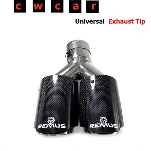 1Pcs Universal Dual Exhaust Tip Glossy Carbon Fiber Exhaust Pipe Tail Quad Exhaust Muffler Tip With Remus Logo