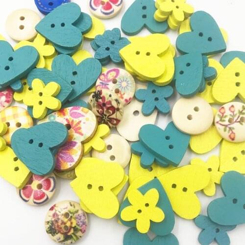 50 DIY 15mm Blue Yellow Color Mix Shapes Wood Button Sewing Craft 2 Holes Wooden Buttons Clothes Scrapbooking Decor WB483