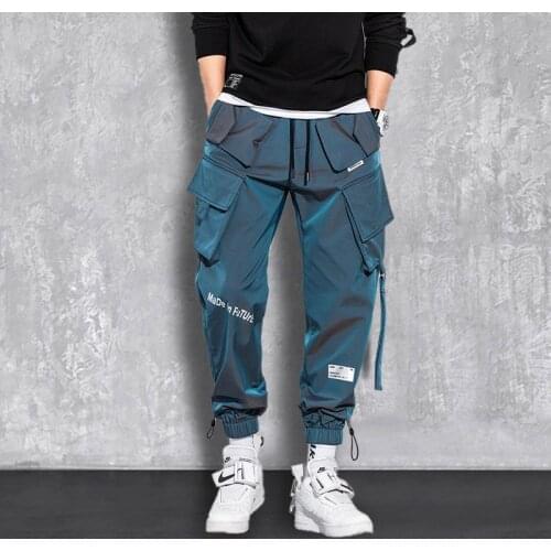 Cargo pants men spring loose straight reflective sweatpants oversized casual pant all-match fashion multi-pocket male trousers