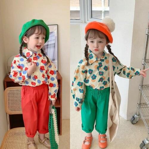 Childrens Suit Autumn 2021 New Korean Girl Flower Long-sleeved Shirt + Casual Carrot Pants Two-piece Girl Suit