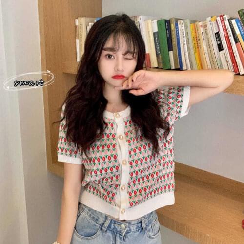 T-shirt Women Short Sleeve Knitted Slim Button Summer Korean Style Tee Trendy Leisure Ladies Comfortable Cute Crop Top Harajuku