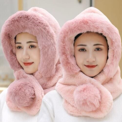 Hot Sale Female Winter Knitted Hats Add Fur Lined Warm Winter Hats For Women Keep Neck Ear Warmer Balaclava Pompoms Cap