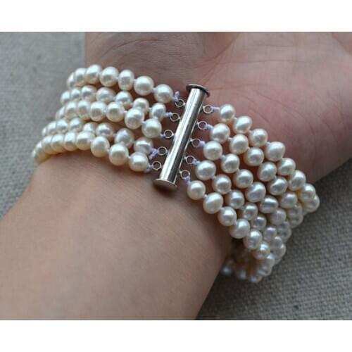 Perfect Womens Pearl Jewelry, White 100% Real Freshwater Pearl Bracelet,8 Inches AA 5mm 5 Rows Fashion Ladys Jewelry
