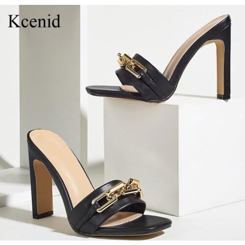 Kcenid New Summer Elegant Womens Slippers Fashion Metal Chain Decoration Square Toe High Heels Mules Slides Pumps Ladies Shoes