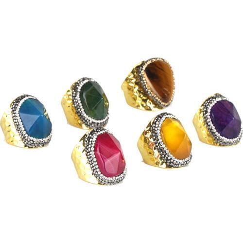 KEJIALAI Natural Fashion Red Faceted Onyx Stone Charm Pave Rhinestone Wrap Adjustable Open Big Hammered Ring Cuff For Women Man