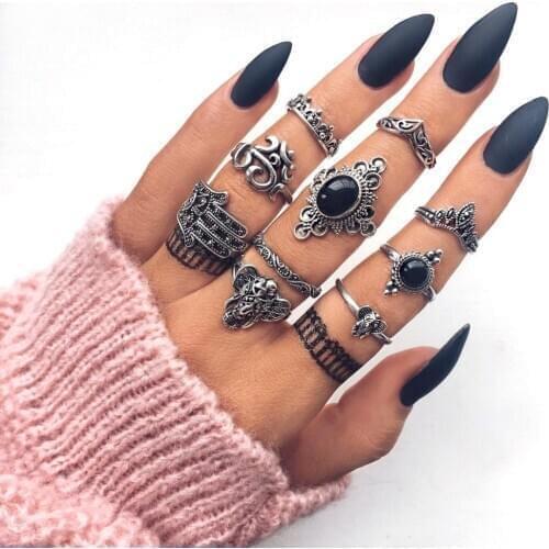 Ring Set Bohemian Retro Elephant Crown Flower Black Adjustable Ring Vintage Jewelry Accessories Rings For Women Wholesale