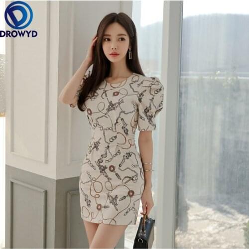 Korean Slim Party Dress 2021 Summer High Waist Simple O-Neck Puff Sleeve Fashion Pattern Elegant Womens Party Dresses Vestidos
