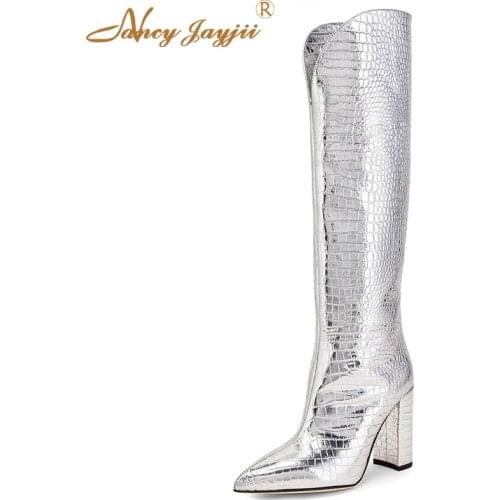 Crocodile Silvery Knee High Boots Block Heeled Pointy Toe Fashion Fetish Shoes Woman Dress Party Size 15 16 2019 Winter Famous