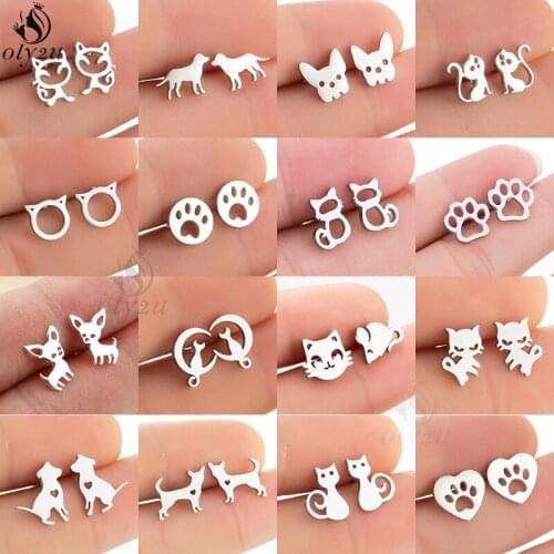 Trendy Cute Cat Paw Earrings for Women Small Stainless Steel Chihuahua Dachshunds Dog Ear Studs Children Jewelry Birthday Gifts