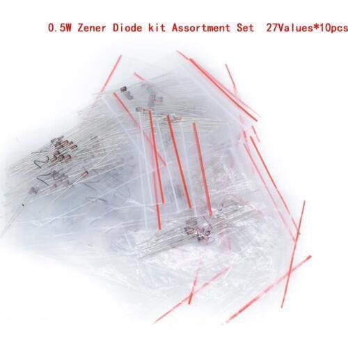 270pcs/lot 0.5W Zener Diode kit Assortment Set 1/2W 2V4-33V Zener Diode pack 12V 18V 5V1 5V6 3V3 3V6 4V3 4V7 6V2 6V8 7V5 20V 22V