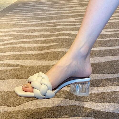 2021 Summer New Small Thick Heel Knitting Womens Slippers Square Peep-toe Sandals with High Heels Korean Casual Shoes for Women