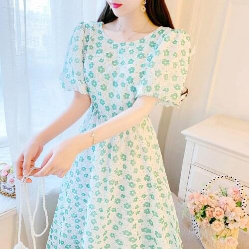 2021 Summer French Bubble Sleeve Floral Print Chiffon Dress Casual Vestido Women Clothes Casual Womens Dresses Green Blue
