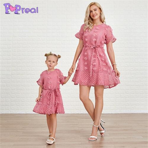 PopReal Summer Parent-Child Outfit Girl Family Dress Mom And Daughter Skirt Solid Mother Kids Belt Bow Short Sleeve Dress