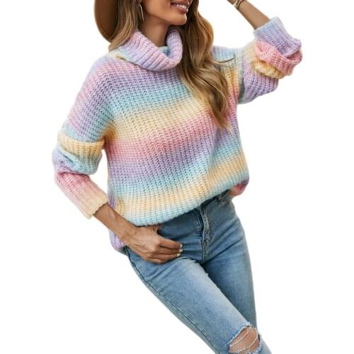 2021 New Women Turtleneck Sweater Adults Color Block Tie-dye Long Sleeve Knit Pullover Multicolor