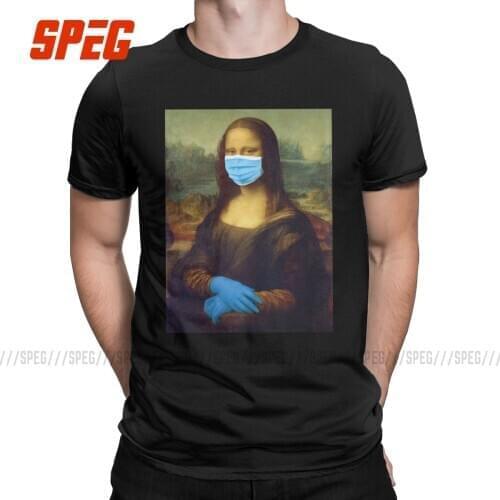 Awesome Mona Lisa Wearing A Mask T-Shirt Men 100% Cotton T Shirts The Artist Protects Himself Short Sleeve Tee Shirt Unique Tops