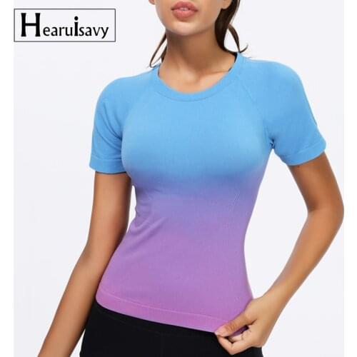 Women Elastic Seamless Tight Sports T-Shirt Female Summer New Gradient Color Running Quick-Drying Short-Sleeve Fitness Yoga Top