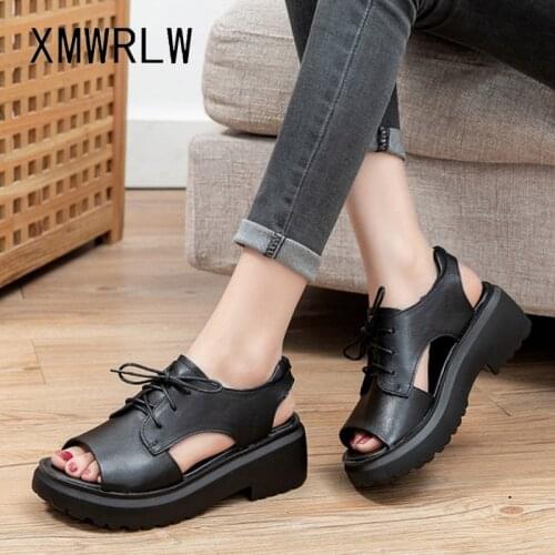 XMWRLW 2021 Summer Genuine Leather Women Sandals High Heels Ladies Shoes Retro Style Women Handmade Sandals Summer Shoes Sandal