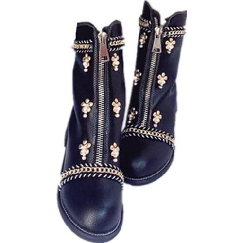 French style Front zipper high shoes autumn and winter womens shoes Round head Martin boots street England girl shoes cos loli