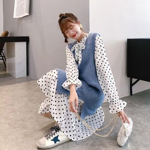 New Women Autumn Suits Solid Color V Neck Sleeveless Knitted Sweater + Polka Dot Dress Set Female Fashion Chic 2 Pieces Set Q692