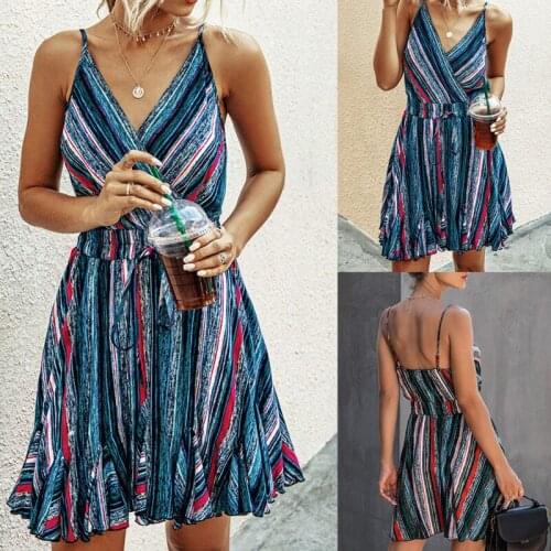 2021 Fashion Summer Bohemian Dress Sexy Blue Spaghetti Strap Dresses V-Neck Sleeveless Printing Sundresses Women Vestido Boho