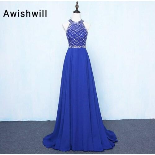 Fashion Vestido Longo Royal Blue Long Prom Dresses A-line Crystal Beading Backless Evening Dresses Robe De Soiree