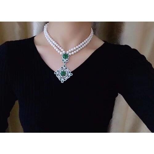 Geometry green zircon exaggerated pendant double-layer short section freshwater pearl necklace female elegant jewelry gift