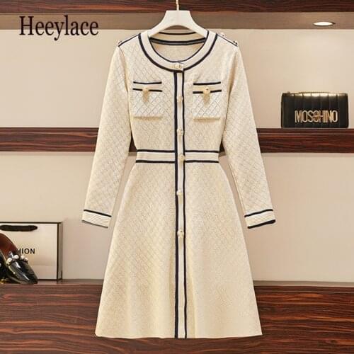 Plus Size Women Autumn Knitted Long Sleeve Dresses Single Breasted Bright Silk Plaid Sweater Dresses 4XL Green Knitting Dresses