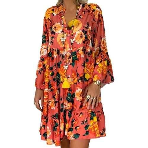 Womens Dress Loose Flower Print Three Quarter Sleeve Mini Ladies Dress Bohemia Holiday Sundress Ladies Party Dress Summer 2021