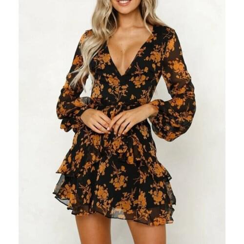 New Women Spring Sexy V Neck Chiffon Dress Boho Casual Long Sleeve Ruffles Flower Print Mini Dress Female A Line Party Vestidos