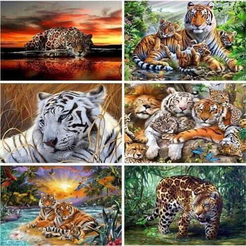 Tiger DIY 5D Diamond Painting Cross Stitch Animal Mosaic Full Round Drill Diamond Embroidery Rhinestone Picture Wall Decor Gift