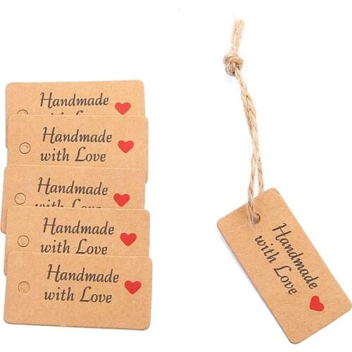 100pc 4x2cm Kraft Paper Tags with Strings Handmade with Love Hang Tags Garment Tags for Candy/Gift Display Packing Label Card