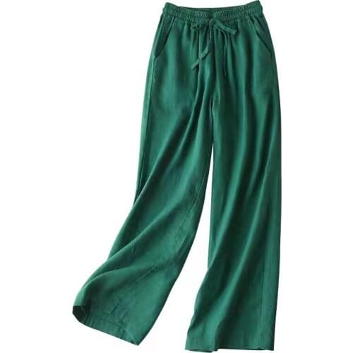 Casual Pants Cotton Linen Wide Leg Pants Plus Size Summer New Arts Style Women Elastic Waist Loose Straight Trousers Femme