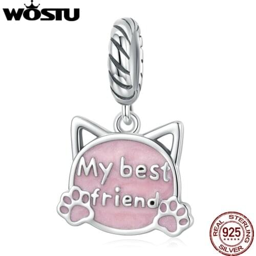 WOSTU 925 Sterling Silver Pink Cat Lettering My Best Friend Charm Charm Beads Fit Original Bracelet DIY Jewelry CTC519