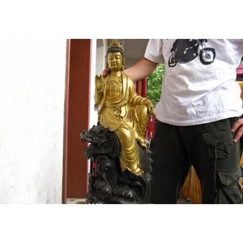 Fast shipping USPS to USA S0593 28" Chinese Large Bronze Copper Gild Bodhisattva Ride on Dragon fish Statue