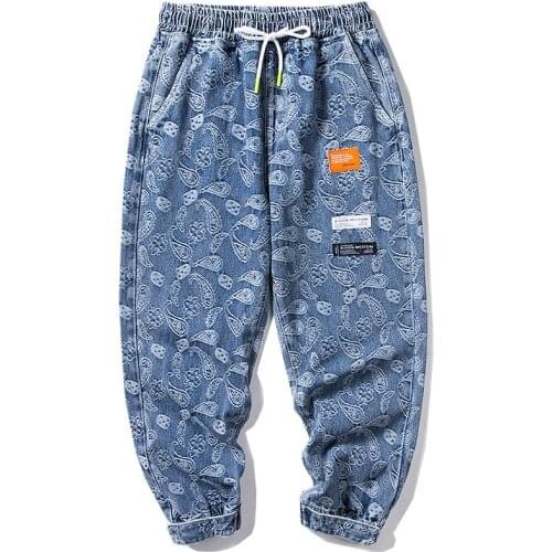 2021 New Mens Fashion Floral Hip Hop Harem Jeans Joggers Loose Fit Streetwear Denim Pants Trousers Flower Printed Big Size 5XL