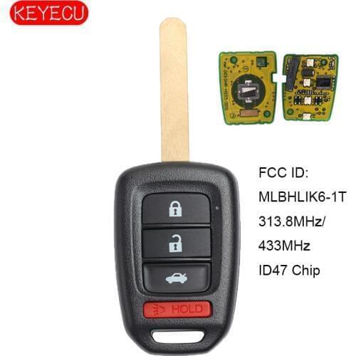 KEYECU OEM Remote Car Key Fob 313.8mhz / 433MHz ID47 Chip for 2013-2016 Honda Accord Civic FCC ID:MLBHLIK6-1T