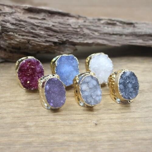 Colourful Natural Quartz Geode Golden Ring Healing Crystal Agates Druzy Drusy Stone Adjustable Ring Fashion Women Jewelry,QC4075