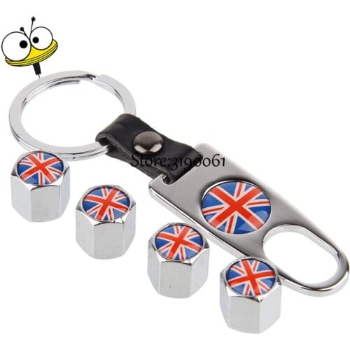 Tire Valve Stems Caps Stainless Steel Wheel With Mini Wrench Keychain British flag For Volkswagen Subaru Audi Benz Bmw Ford Opel