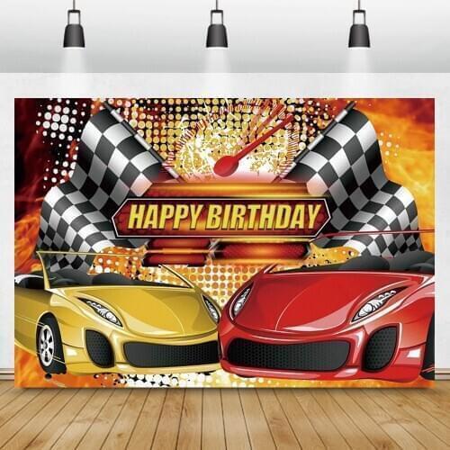 Laeacco Red Yellow Car Motor Racing Fire Polka Dot Baby Birthday Party Backdrop Photographic Backgrounds Photo Studio Photophone