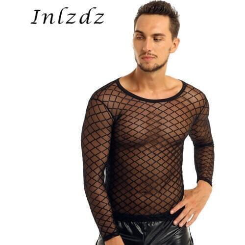 Mens Mesh See-Through Fishnet Shirts Sheer Round Neck Long Sleeve Pullover Club Wear Mesh Transparents Undershirt