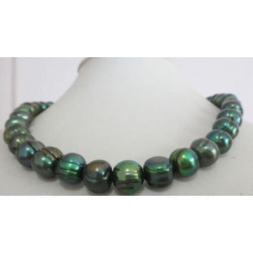 Natural 11-12mm tahitian baroque peacock green pearl necklace 18